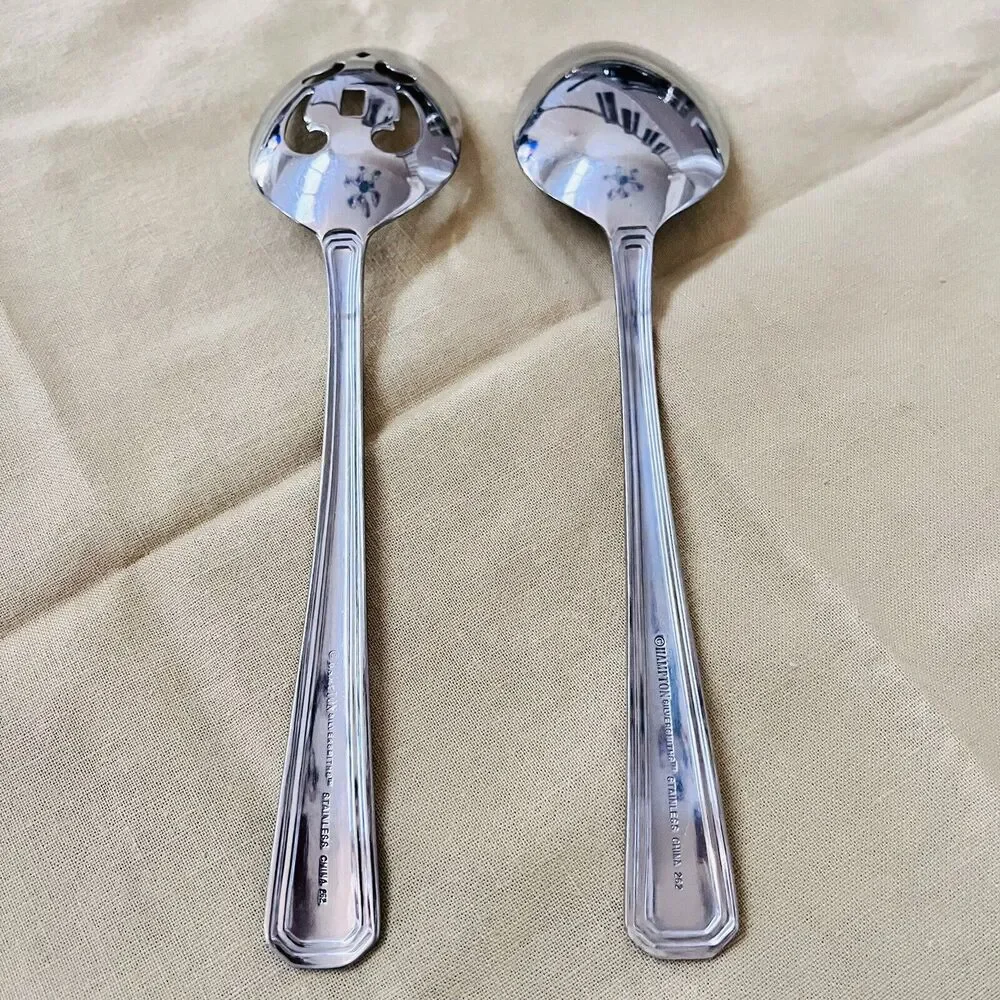 HAMPTON SILVERSMITHS Solid & Pierced Tablespoons Serving Spoon Set Outline Edge